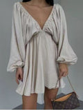 european and american summer women's fashion: sexy and chic v-neck lantern sleeve mini dress