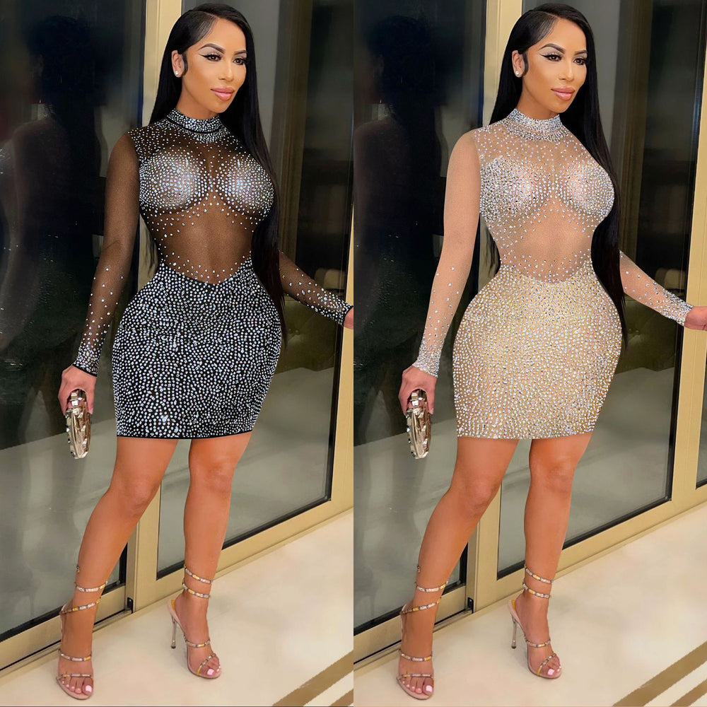 C5890 cross-border   fashion sexy nightclub rhinestone mesh see-through long sleeve dress