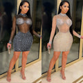 C5890 cross-border   fashion sexy nightclub rhinestone mesh see-through long sleeve dress