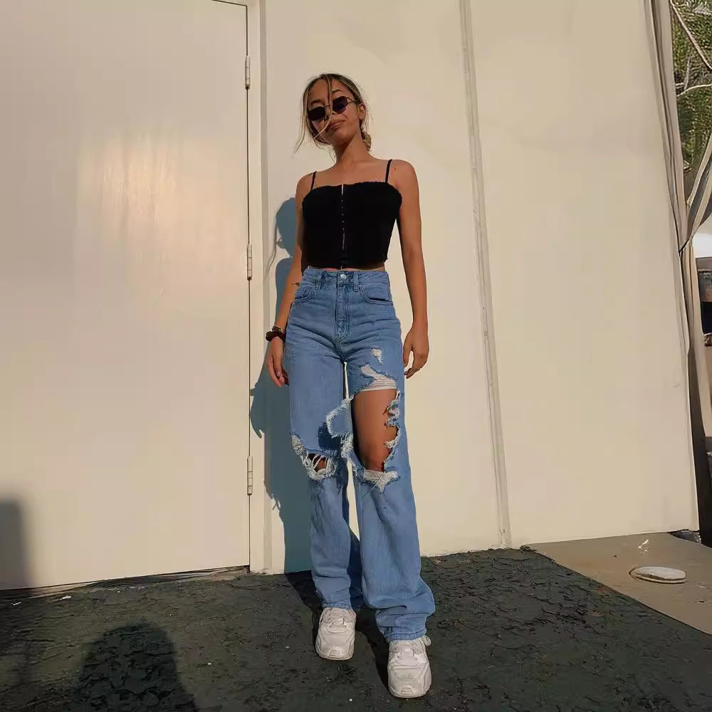 fashion cross-border summer new arrival loosestylish ripped straight-legcasual pants jeans for women