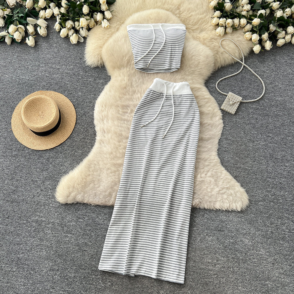 Lazy style slit skirt two-piece set women's summertie back waist tube top silmstraight-leg skirt work clothingsuit