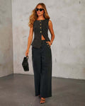 fashionelegant button sleeveless vest wide leg jeans denim suit for women