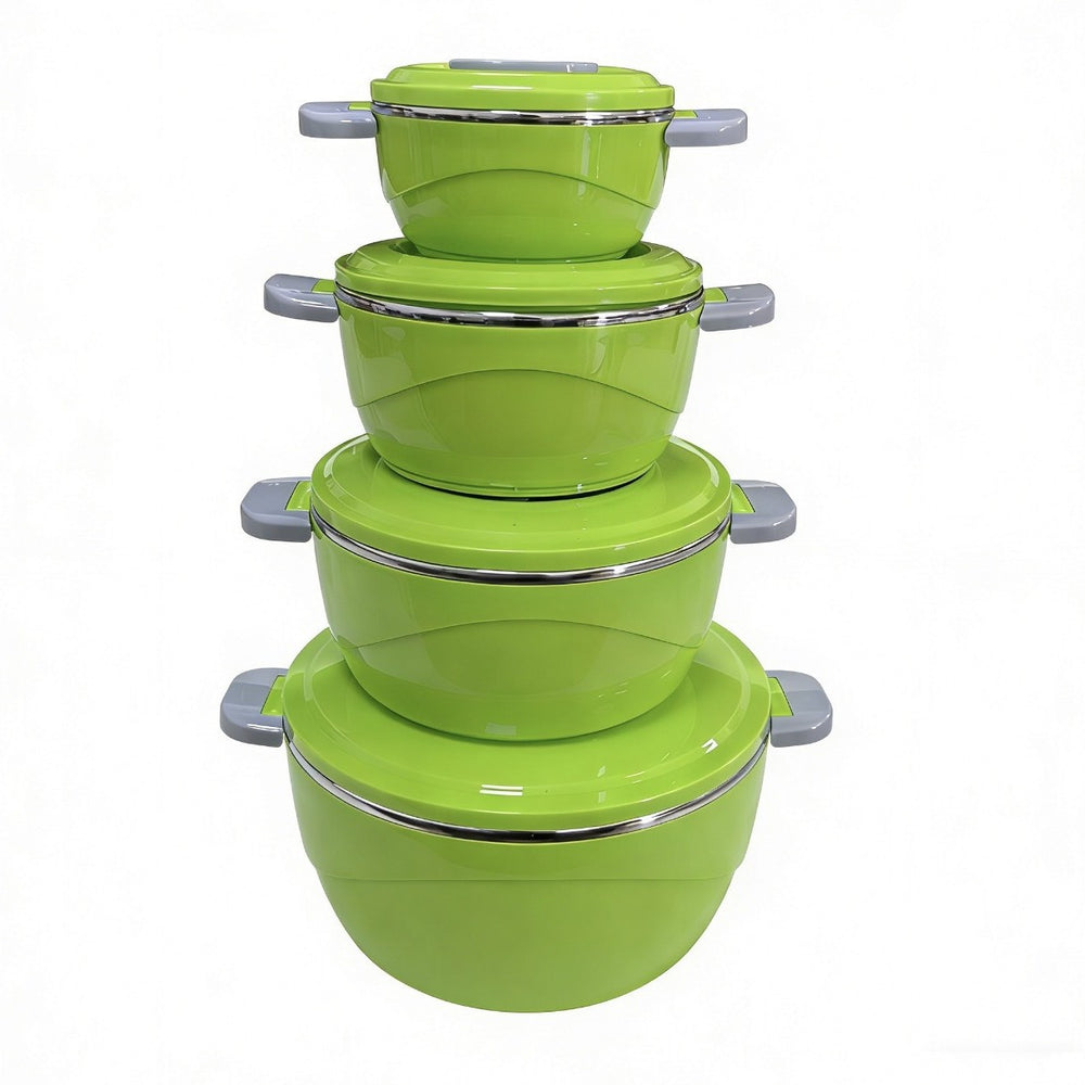 Food warmer four-piece set: insulated lunch box with plastic shell, stainless steel interior, and food warmer bucket