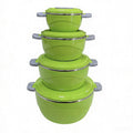Food warmer four-piece set: insulated lunch box with plastic shell, stainless steel interior, and food warmer bucket