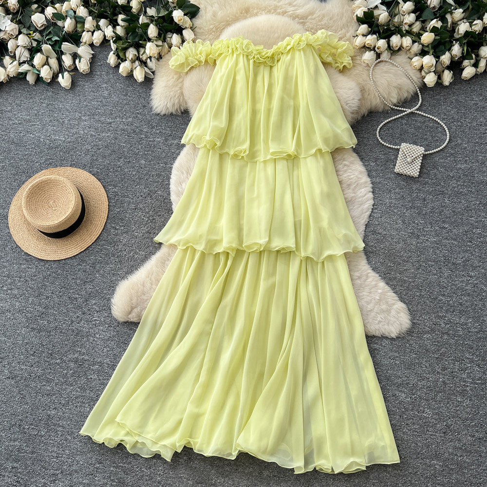 French halter sleeveless ruffle dress women's summer korean style high waist tiered dress vacation chic maxi dress
