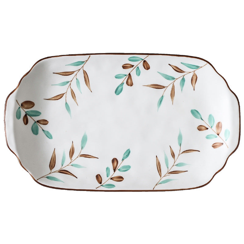 Nordic hand-painted leaf ceramic dinnerware set - includes plates, bowls, and dishes with handles for home use: dinner plates, vegetable plates, fish plates, noodle bowls, and snack dishes