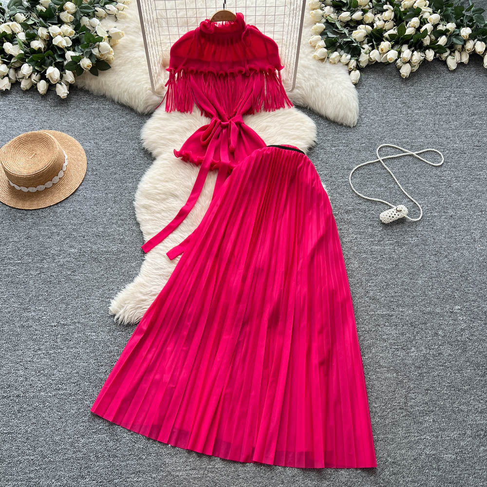 Miya pleated suit women's sense of design strappy waist tassel pleated topshigh waistpleated skirttwo-piece set