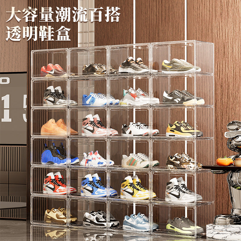 Household shoe storage box Transparent PET foldable sneaker display cabinet Dust-proof magnetic shoe cabinet Large capacity shoe box