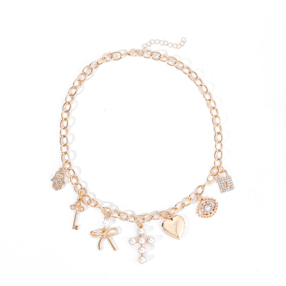 Amazon's hottest retro cross heart clavicle chain niche accessible luxury diamond-encrusted imitation pearl bow necklace for women