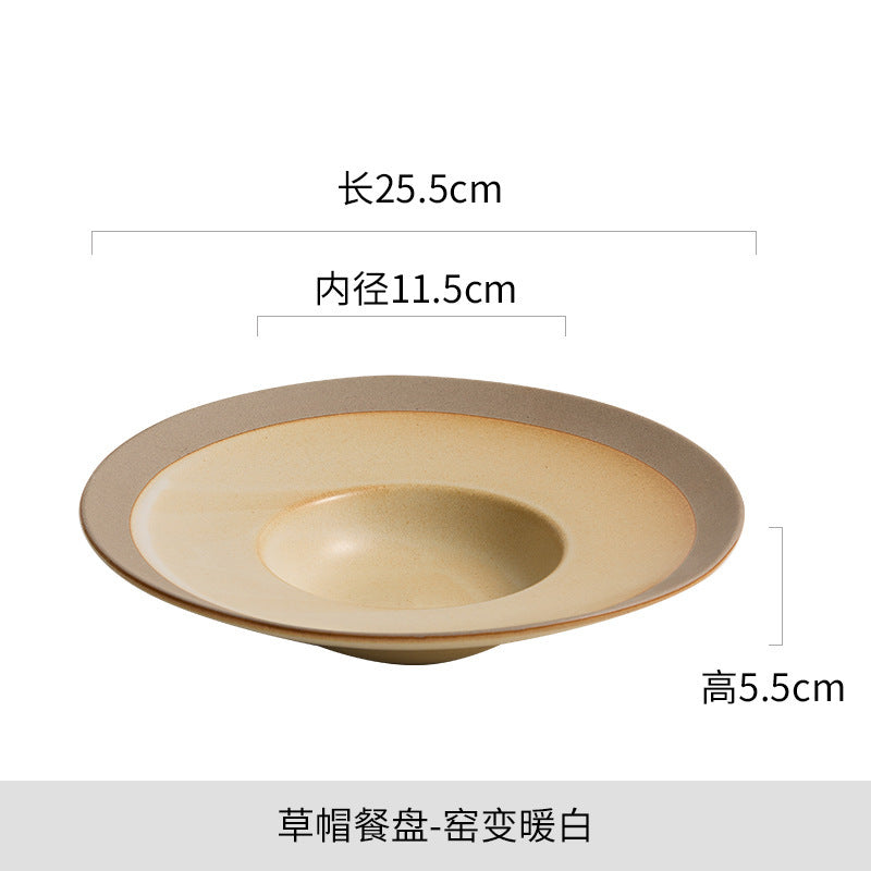 Vintage chic straw hat plate - kiln-fired ceramic, premium dinnerware for restaurants: ideal for main courses, desserts, soups, and culinary photography