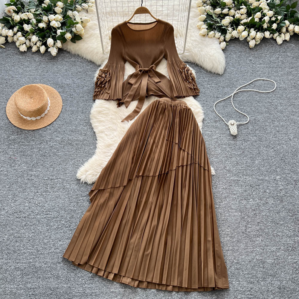 Fashionsense of design strappy waist flared sleeves asymmetrical pleated topshigh waistslimming look large swing skirt suit