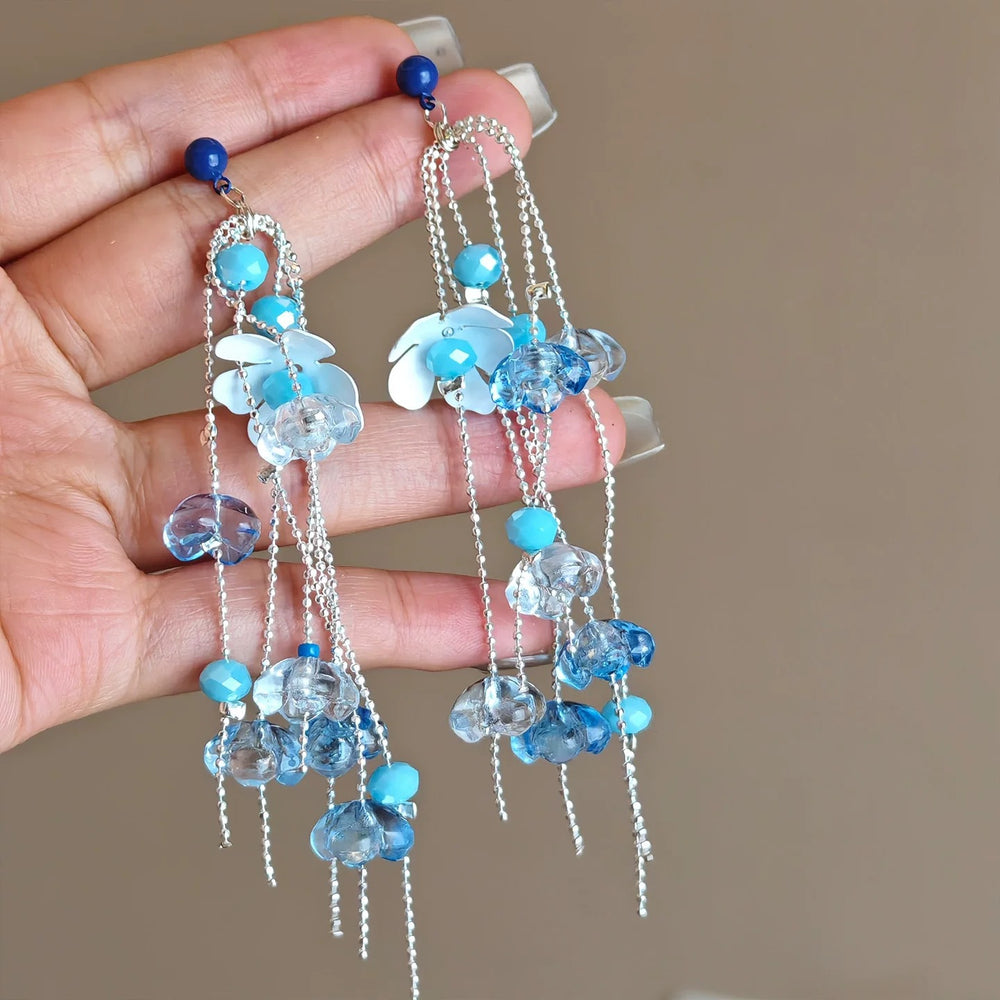 French chic tassel flower earrings - ethereal blue, fresh & elegant, unique long drop earrings for spring/summer beach style