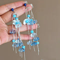 French chic tassel flower earrings - ethereal blue, fresh & elegant, unique long drop earrings for spring/summer beach style