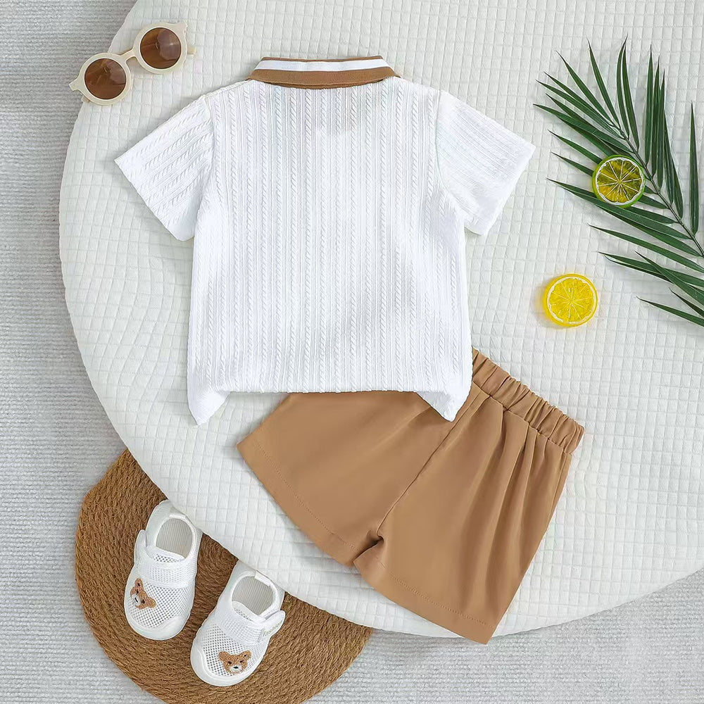 Children's clothing white polo shirt + brown shorts fashioncasualtwo-piece set