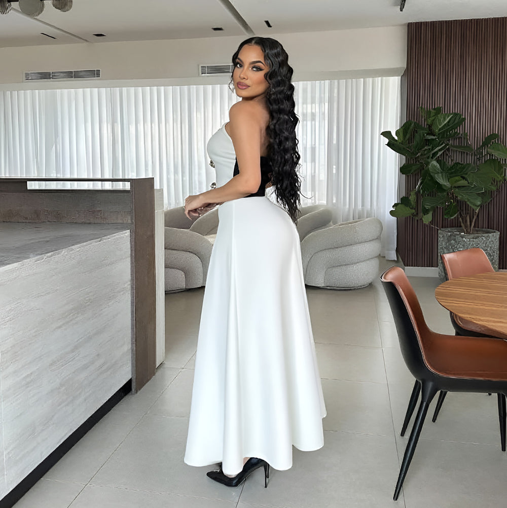 hot-selling fashion color-blocked chest-wrapped tops+high waist a-line skirt elegance light dress two-piece set women's clothing