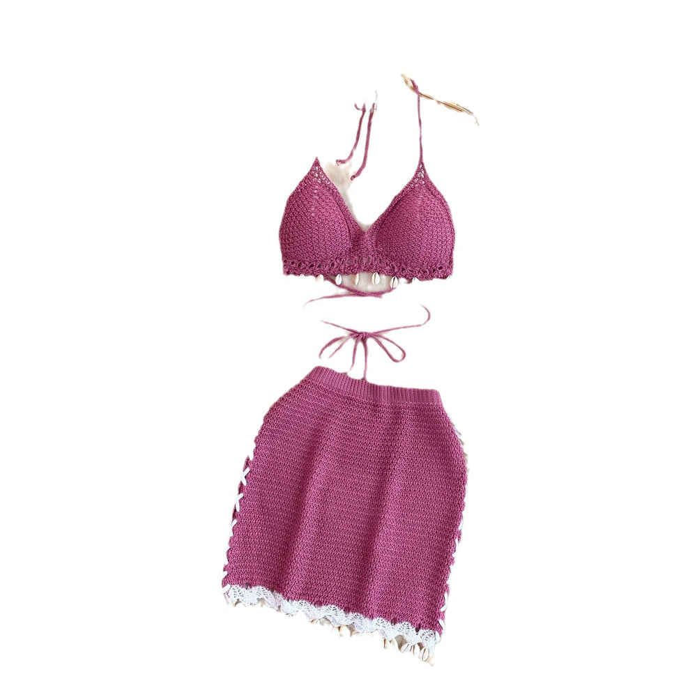 Beach vacation bikini set - women's versatile tassel halter top & knit midi skirt two-piece