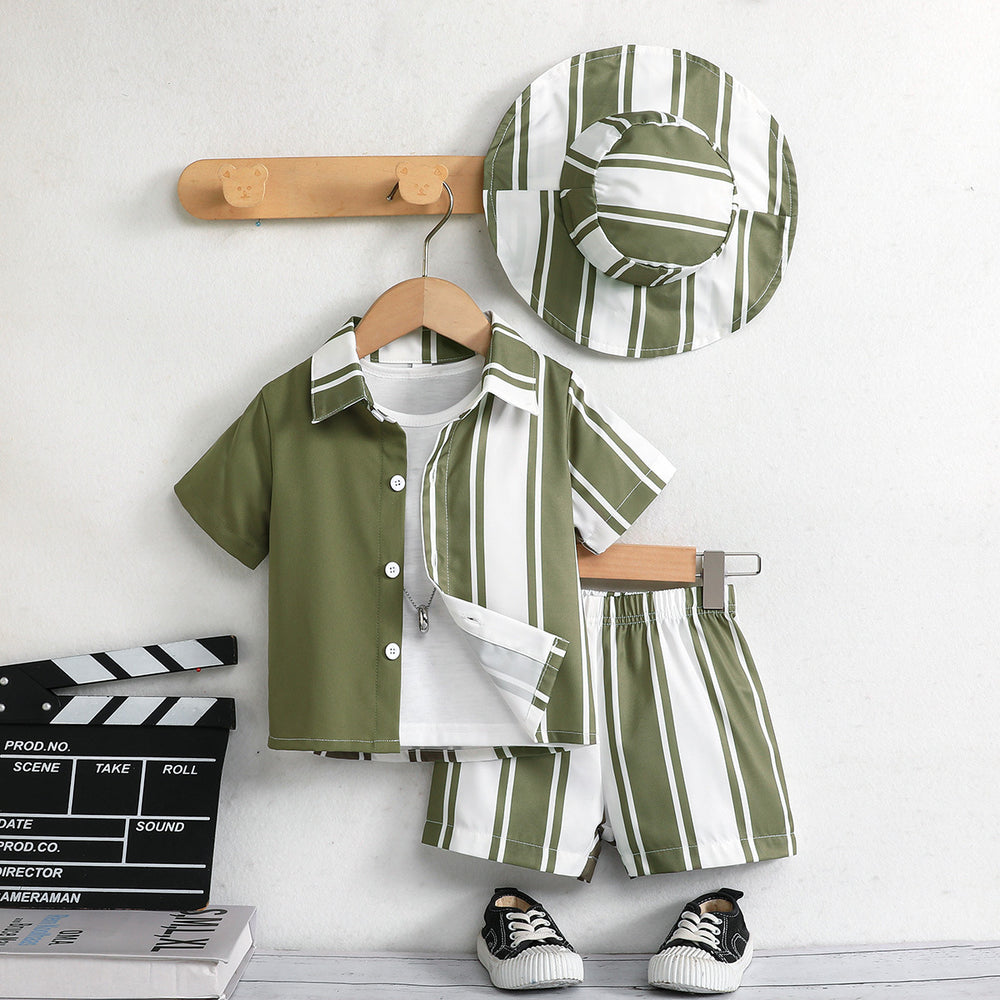 New summer collection: baby & toddler boy's striped color block top + shorts + hat three-piece set - european & american style, cross-border kids' outfit