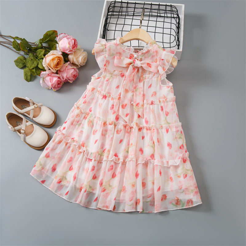 Girls' pink floral dress -  summer new arrival - korean style sleeveless ruffle trim tiered dress for toddlers and young children