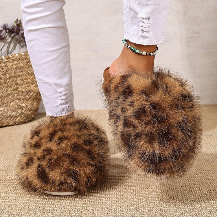 plus sizepure color fluffy large fur slippers soft bottom winter toe-cap home heattech multi-color cotton slippers