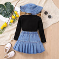 european and american cross-border girls' ribbed v-neck top + denim skirt + hat 3-piece set