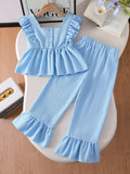 summer new arrival: sweet ruffle sleeve a-line top + flare pants two-piece set for cross-border e-commerce