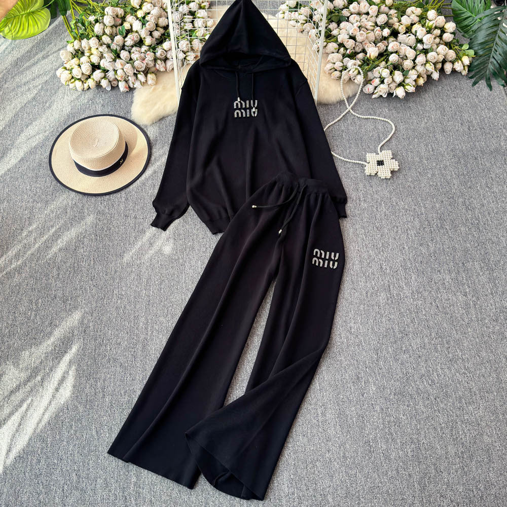 Autumn/winter european & american style letter jacquard knit hoodie top + high-waisted drapey wide-leg pants casual two-piece set