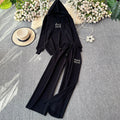 Autumn/winter european & american style letter jacquard knit hoodie top + high-waisted drapey wide-leg pants casual two-piece set