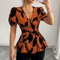 European and american cross-border women's summer  v-neck puff sleeve cinched waist printed design commuter blouse