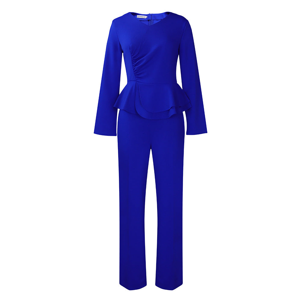D458 independent station foreign trade suit fall and winter new arrivalfashionolrufflesv necktops pantsfashiontwo-piece set