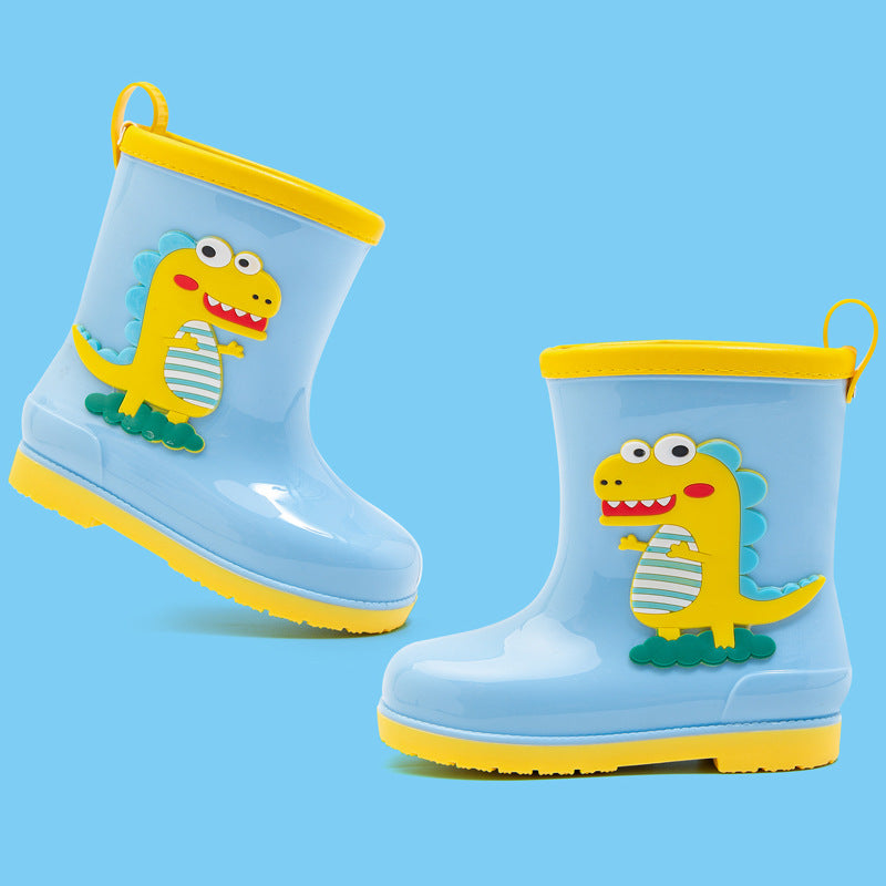 Kids' fashion waterproof warm rain boots - cute cartoon dinosaur design, non-slip, drawstring closure, all-season rain boots for boys and girls