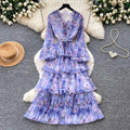 French romantic style printed long sleeve dress - women's spring slimming ruffle pleated tiered cake dress - elegant