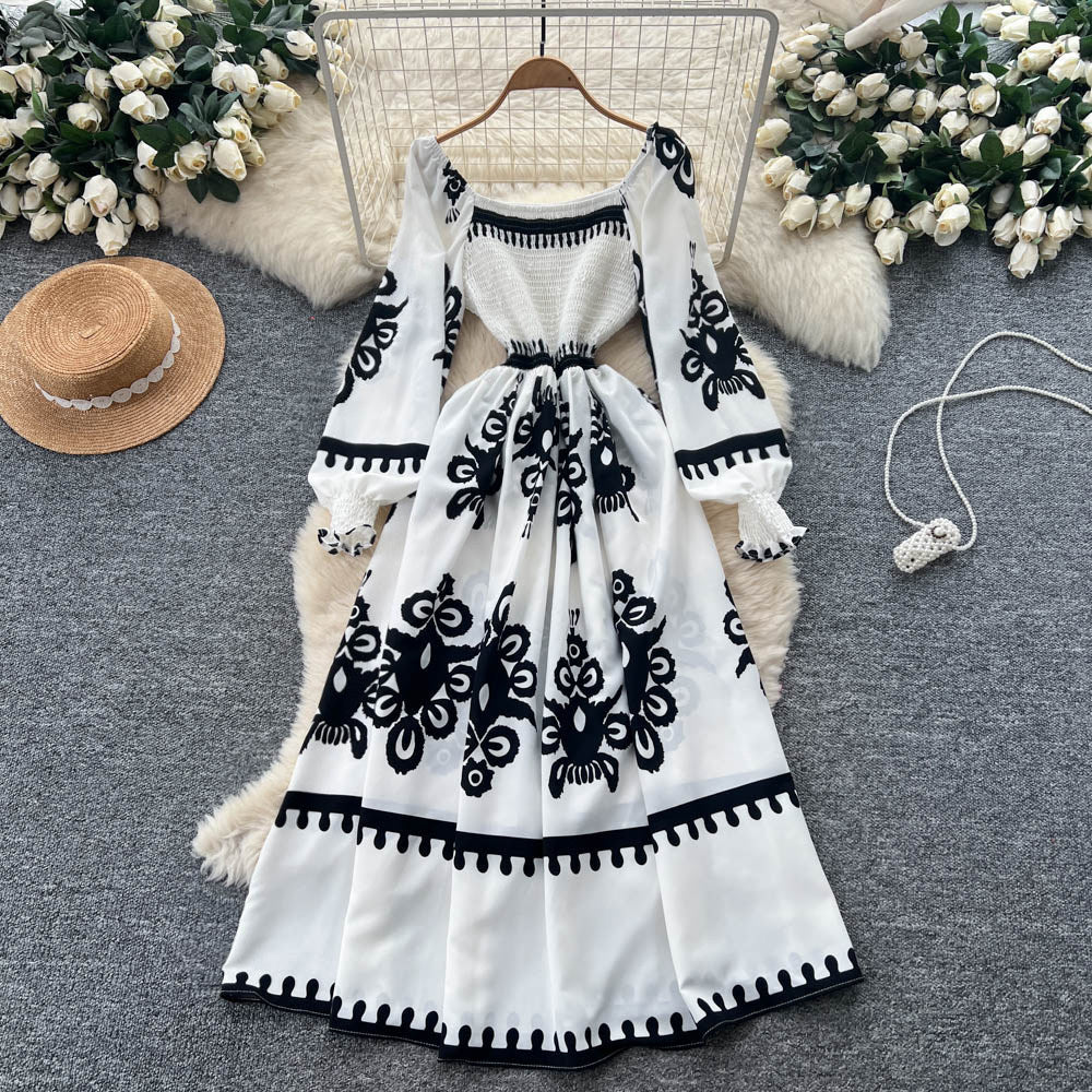 Vintage print long sleeve korean style square neck dress - women's summer a-line bohemian maxi dress with cinched waist