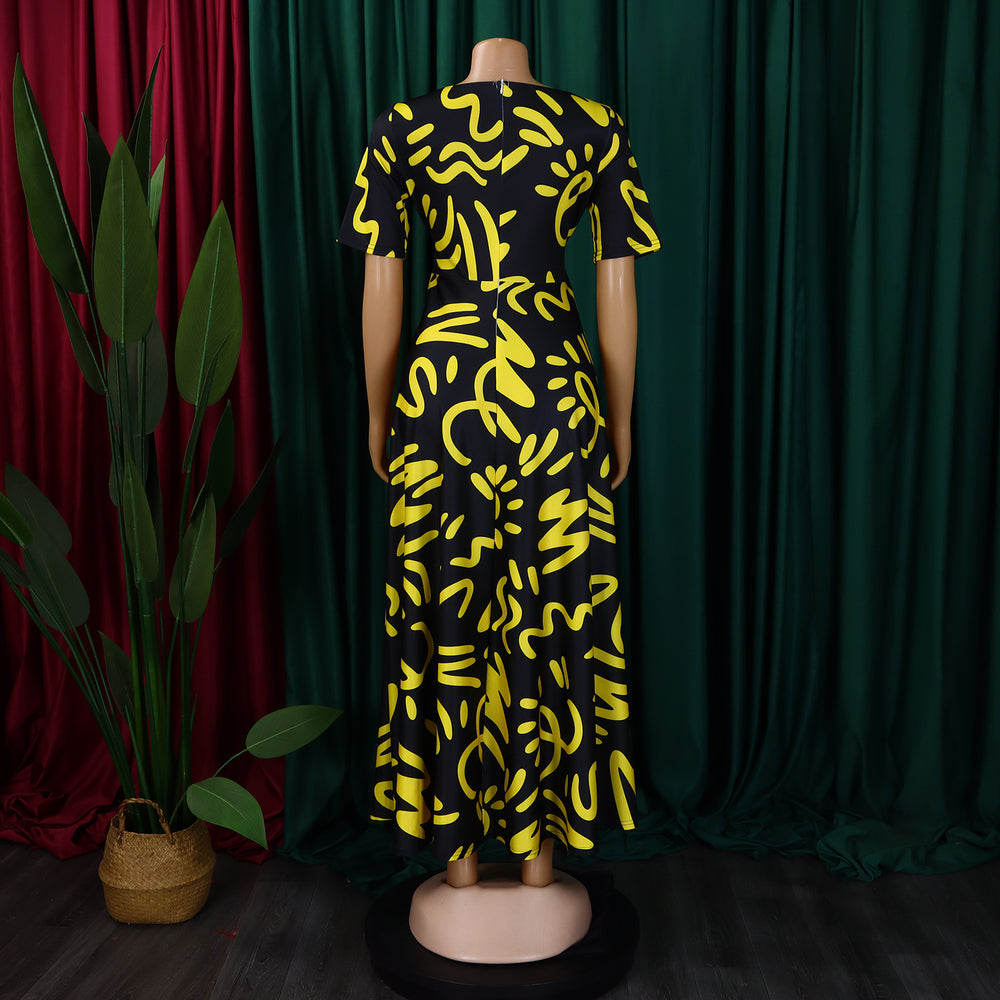 C8619 cross-border women's clothing  new fashion elegant lace-up african print short-sleeved large swing foreign trade dress