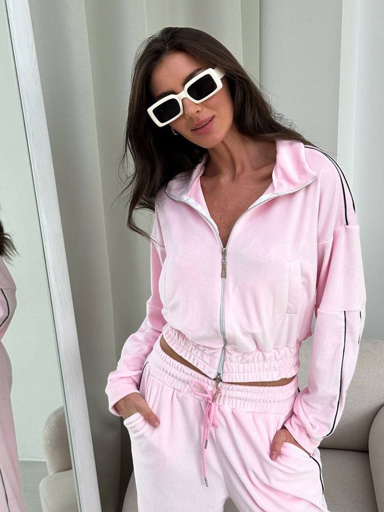 Europe and the United States new women's clothing solid color line long-sleeved lapel sports cardigan trousers suit fashion casual women