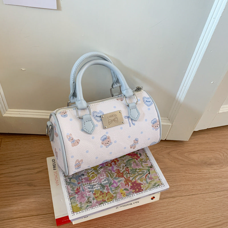 Cross-border high-end portable cylinder small bag women's 2025 new retro printed Boston bag shoulder bag oblique span