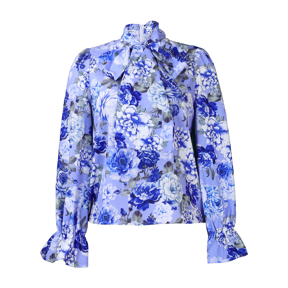 D342 european and american women's clothing  new fashionable elegant slimming printed tie-up shirt plus size african export blouse