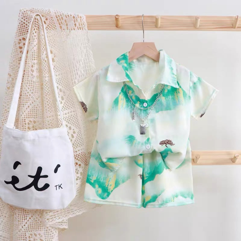 Boys' short-sleeve floral shirt beach vacation style summer baby short-sleeve top trendy shirt kids' shorts set