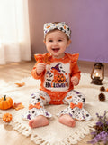 Baby girl halloween pumpkin letter print romper, flare pants, and headband three-piece set