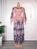 African women's plus size printed color block dress  chic commute two-piece set skirt pleated skirt set