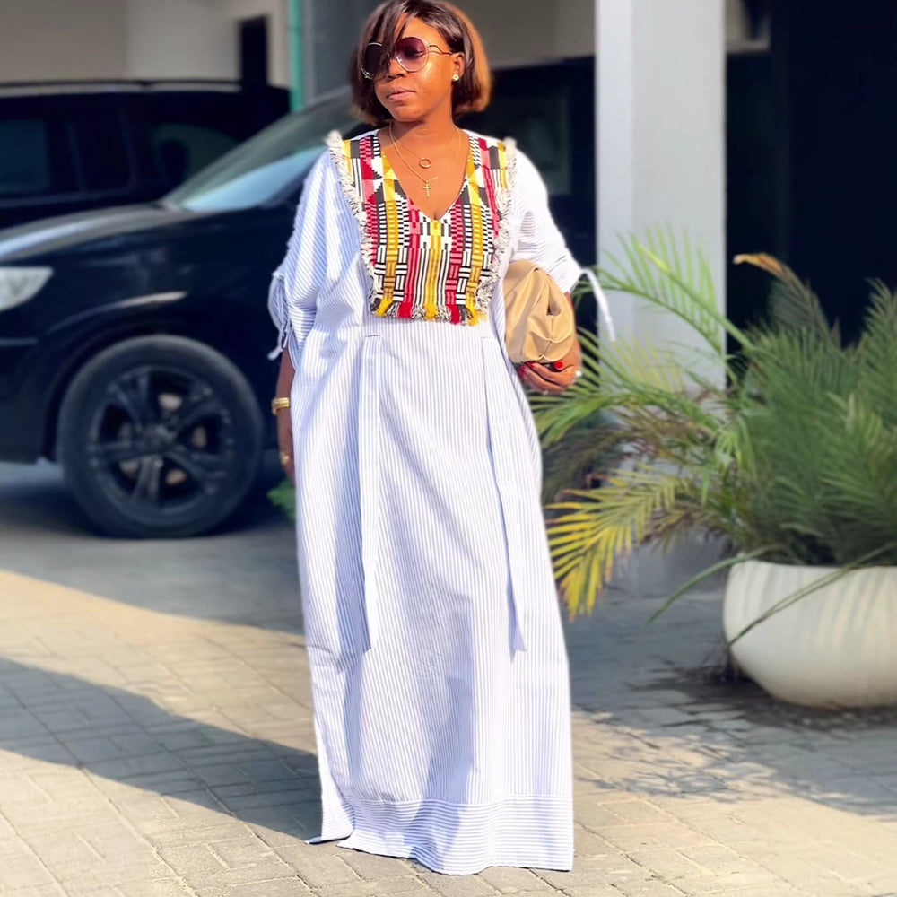 European and american cross-border women's clothing  summer new arrival: african plus size patchwork v-neck loose striped maxi dress