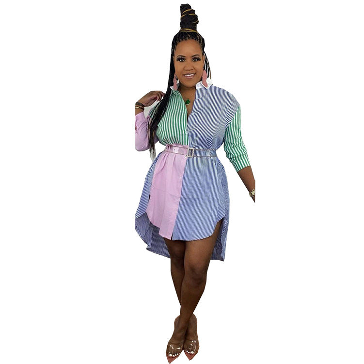 European and american plus size curvy women's  colorful striped patchwork single-breasted cardigan long sleeve stand collar women's shirt