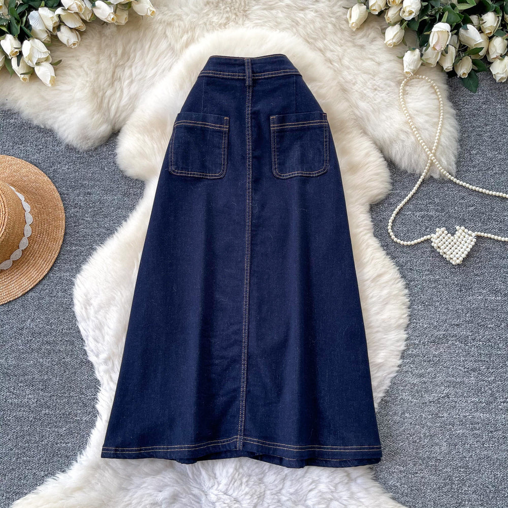 K-style multi-breasted denim slit skirt for women summerhigh waistslimming looka-line mid-length skirt work clothingclassy