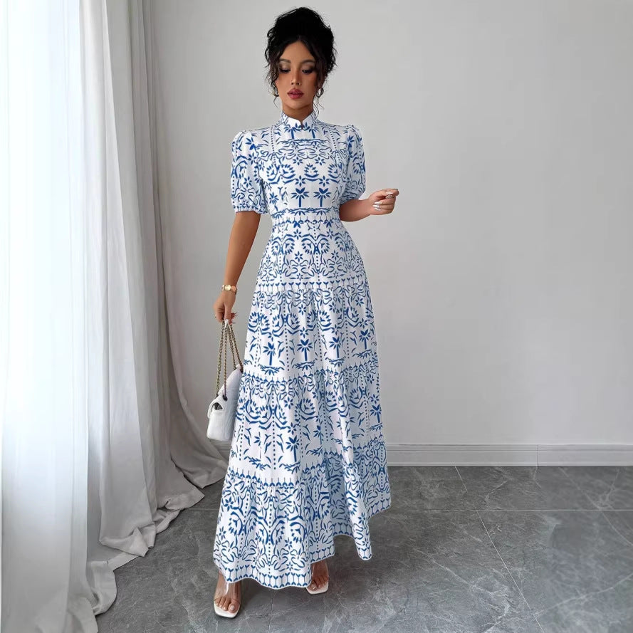 new fashion printed bubble sleeve european and american style women's dress for cross-border e-commerce