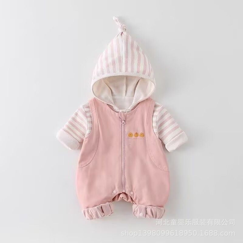 Infant and toddler two-piece overalls set, autumn wear, unisex baby hooded striped shirt and casual overalls jumpsuit