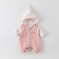 Infant and toddler two-piece overalls set, autumn wear, unisex baby hooded striped shirt and casual overalls jumpsuit