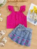 hot-selling girl lotus leaf small flying sleeve texture tops peach heart embroidered washed denim skirt suit