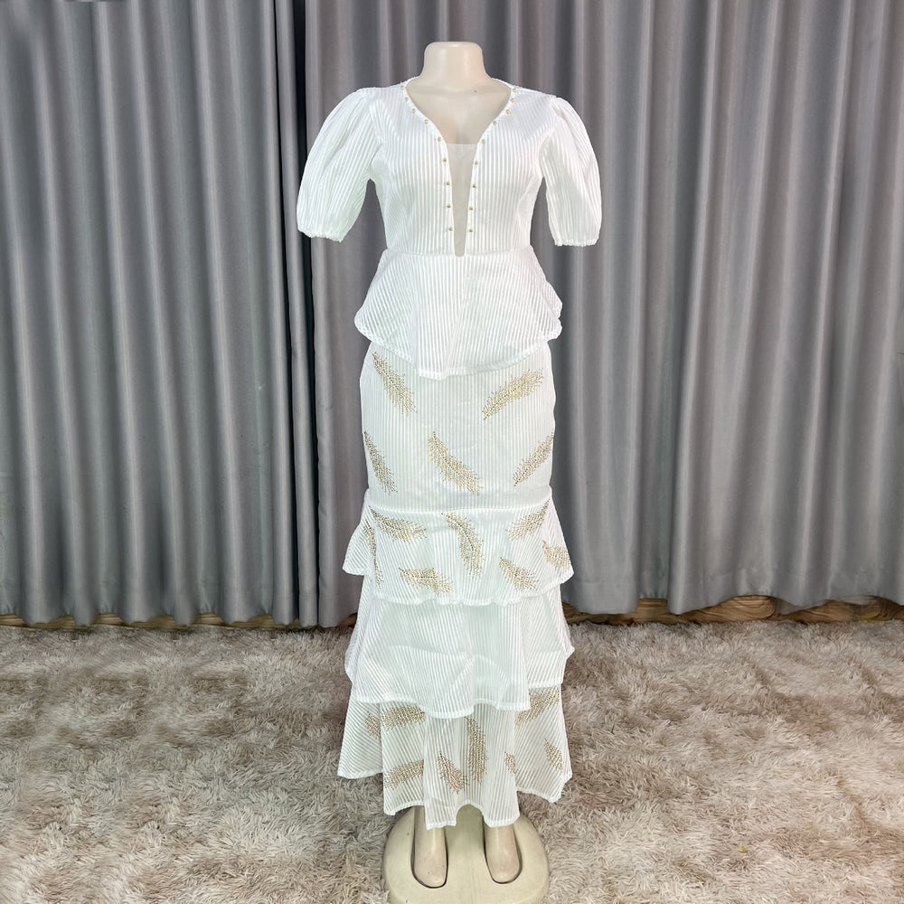 Export african women's v neck mesh silm beading hot diamond pleated lotus leaf fishtail long skirt small dress