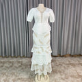 Export african women's v neck mesh silm beading hot diamond pleated lotus leaf fishtail long skirt small dress