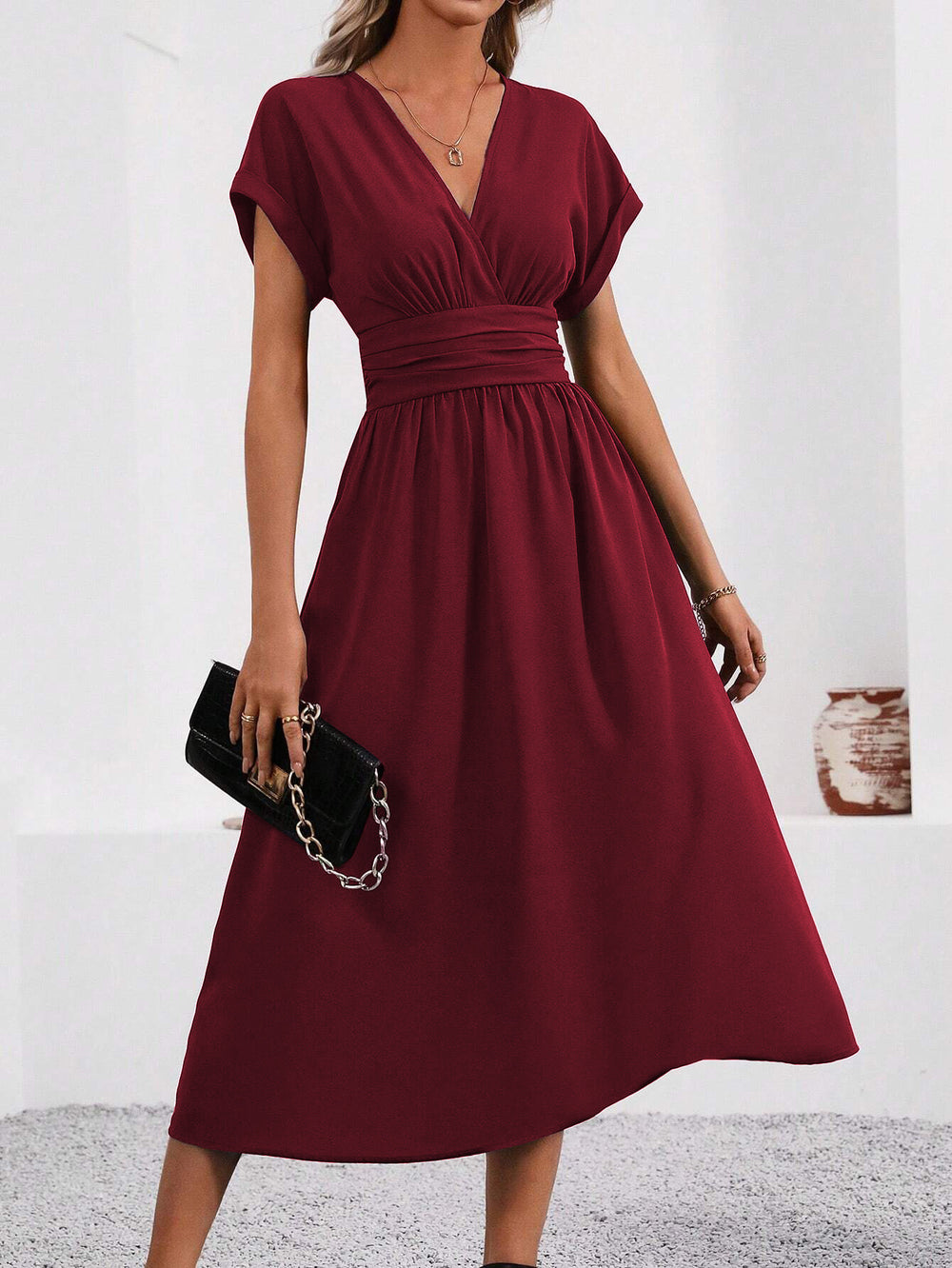 Women's summer solid color overlapping v-neck batwing sleeve waist ruched maxi elegant dress, women's long dress
