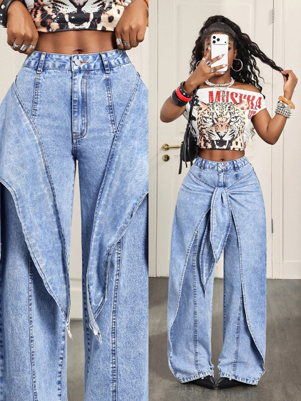 Fashionjeans women's light blue snowflake washed fake two-piece ribbon wide-leg pants american hot girl high waist deconstructed style